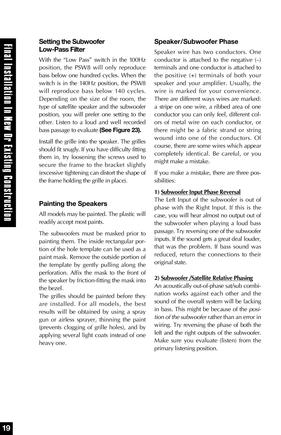 Niles Audio PSW8 manual Setting the Subwoofer Low-Pass Filter, Painting the Speakers, Speaker/Subwoofer Phase 