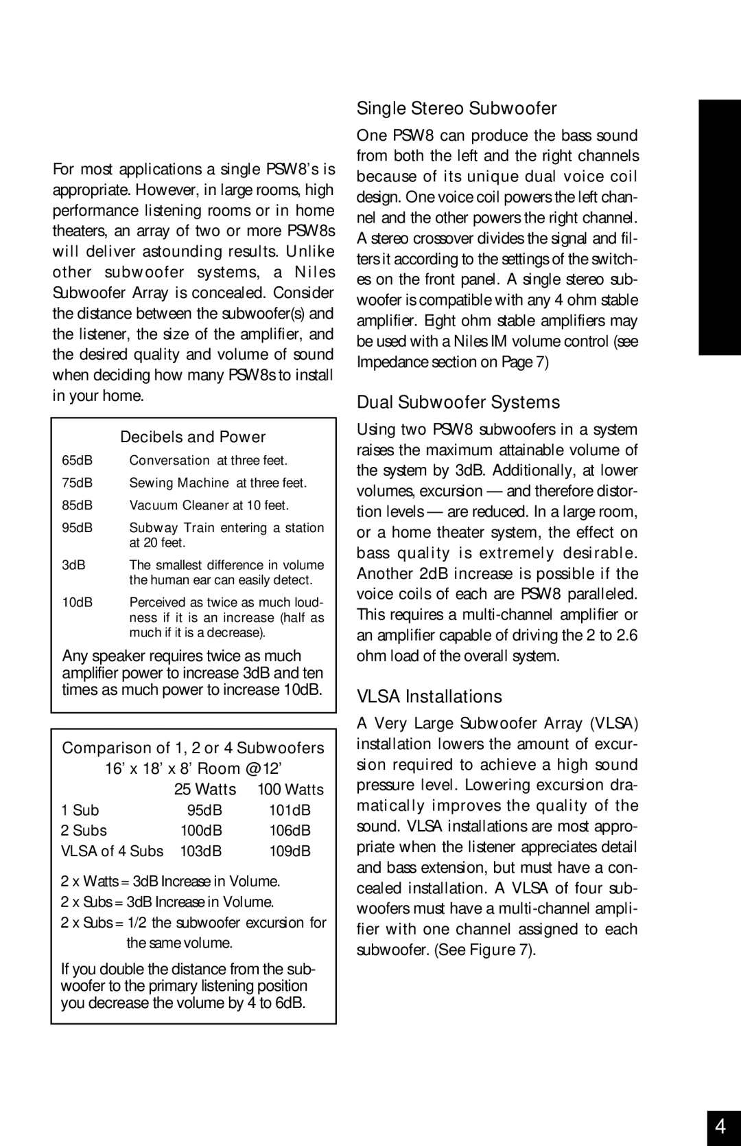 Niles Audio PSW8 manual Single Stereo Subwoofer, Dual Subwoofer Systems, Vlsa Installations 