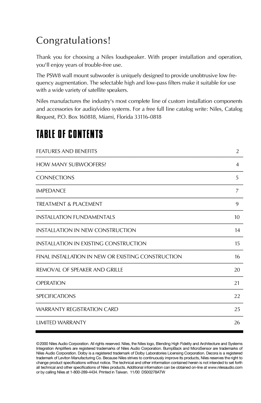Niles Audio PSW8 manual Congratulations, Table Of Contents 