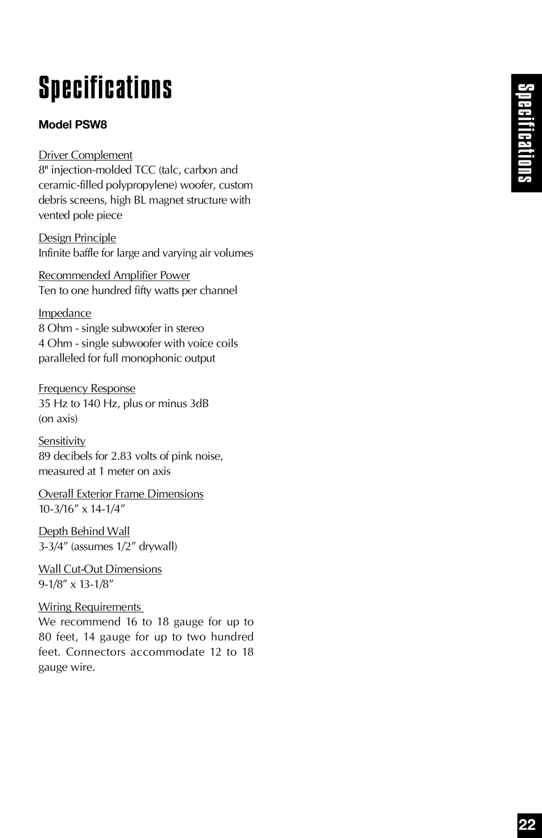 Niles Audio manual Specifications, Model PSW8 