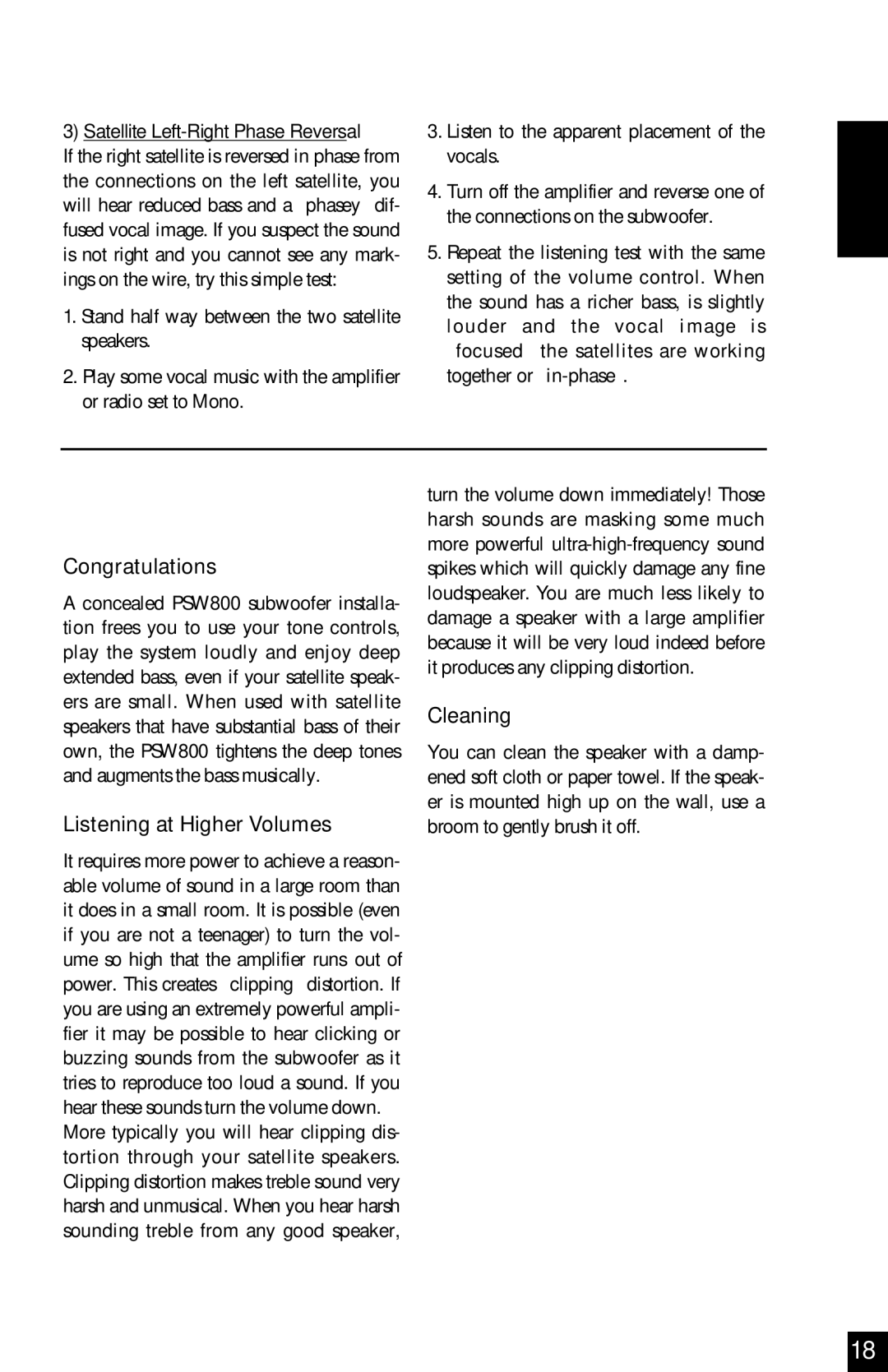 Niles Audio PSW800 Operation, Congratulations, Listening at Higher Volumes, Cleaning, Satellite Left-Right Phase Reversal 