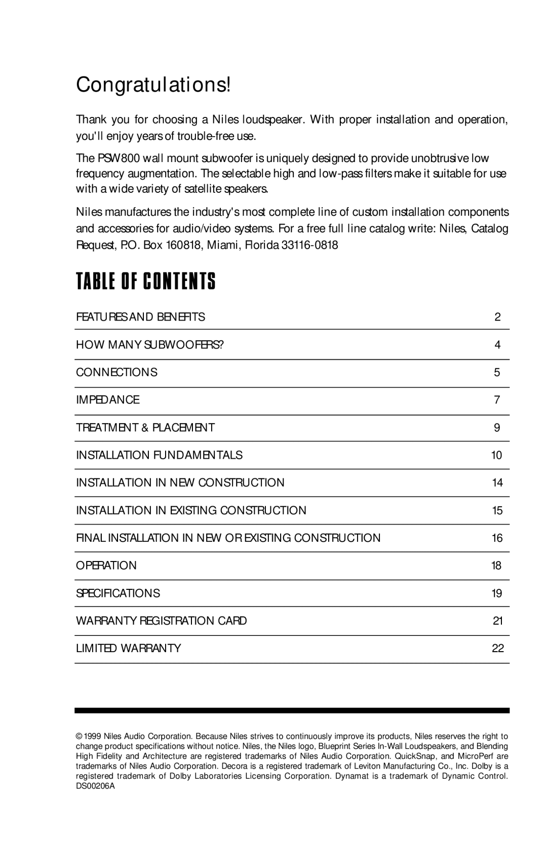 Niles Audio PSW800 manual Table of Contents 