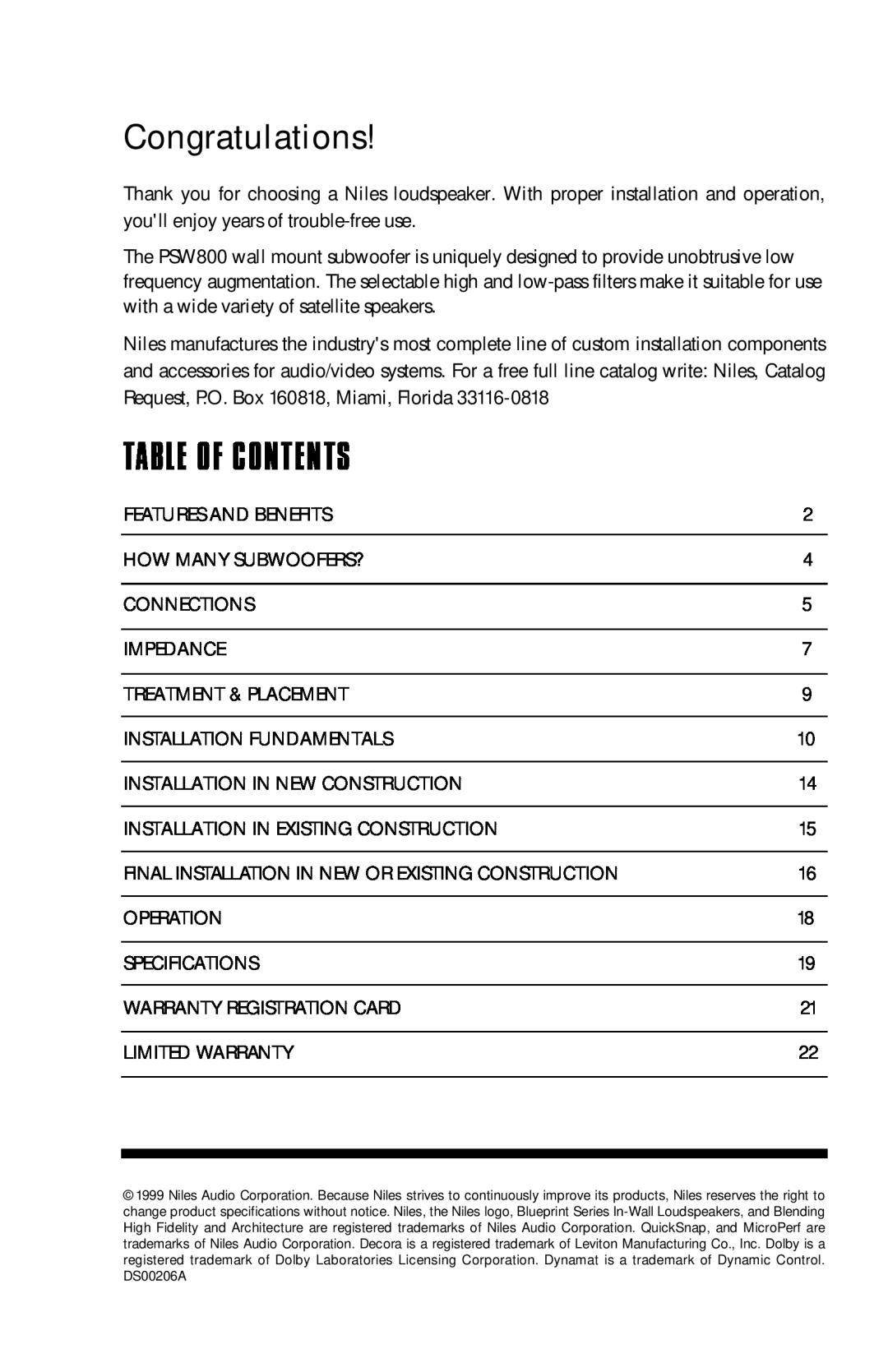 Niles Audio PSW800 manual Congratulations, Table Of Contents 