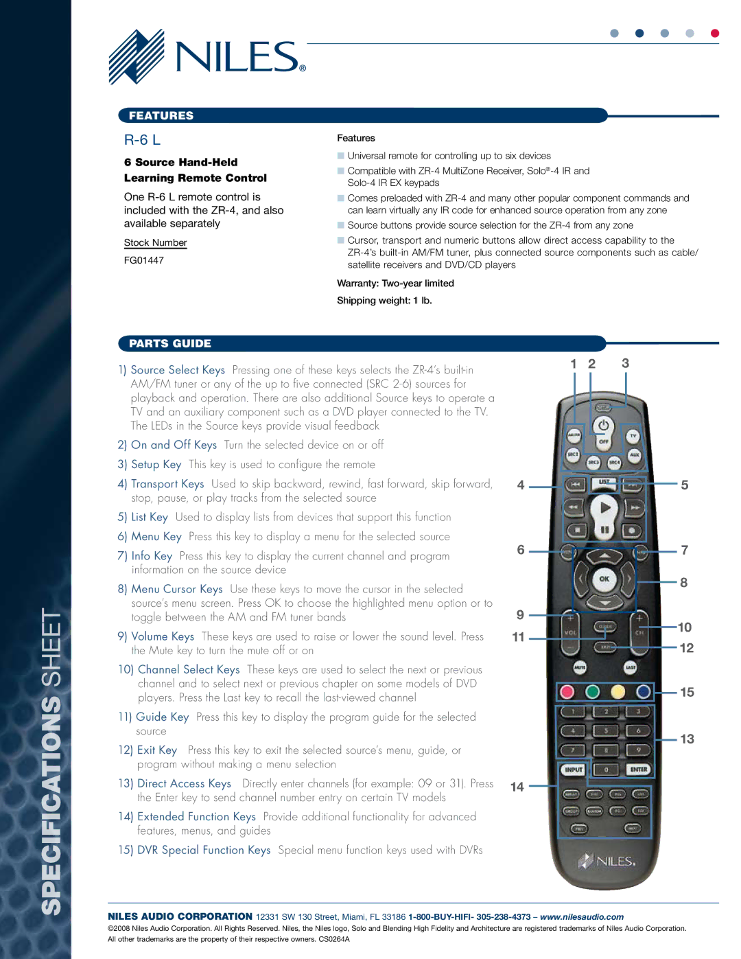 Niles Audio R-6 L specifications Specifications Sheet, Features, Source Hand-Held Learning Remote Control 