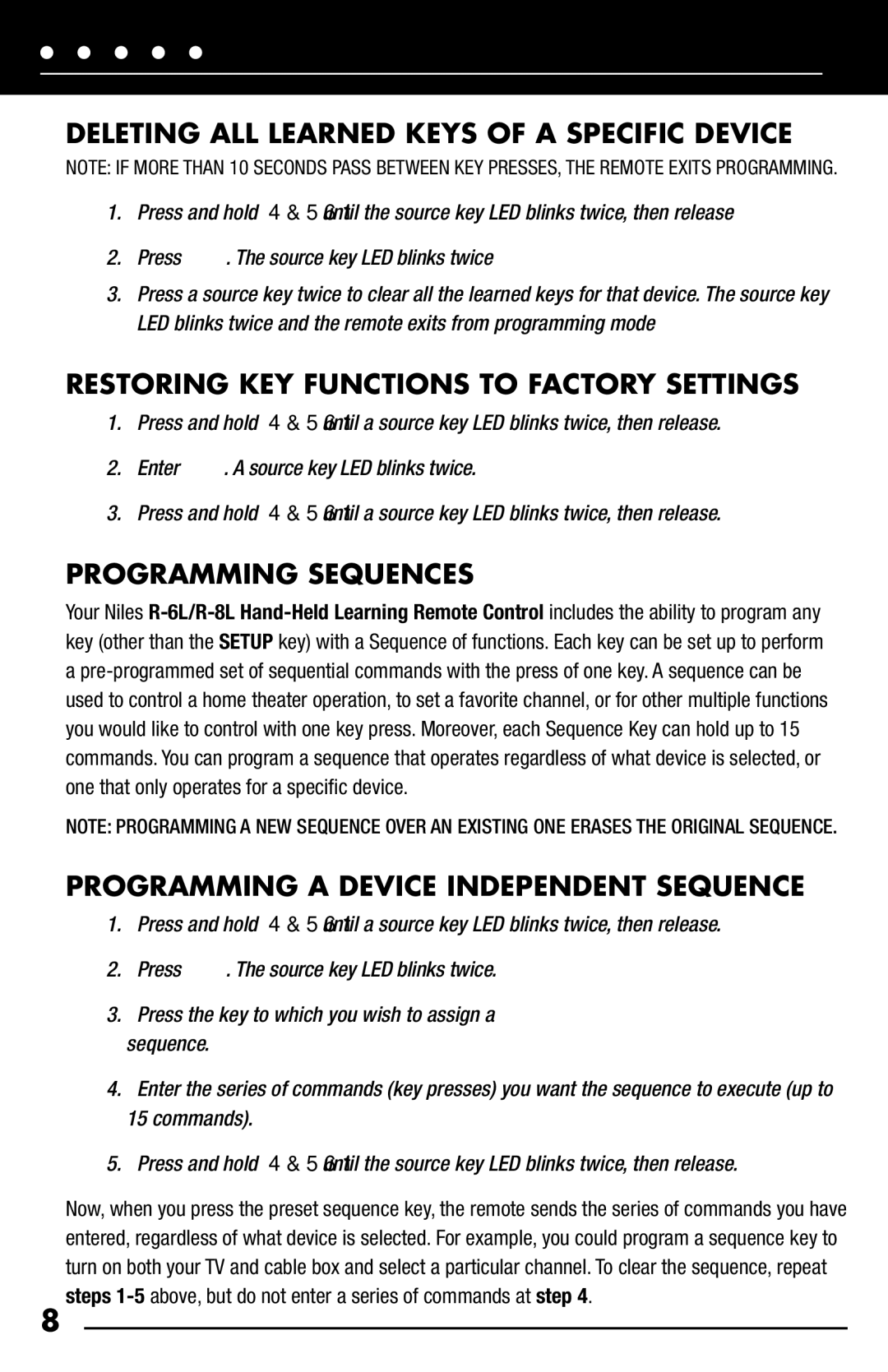 Niles Audio R-6L manual Deleting ALL Learned Keys of a Specific Device, Restoring KEY Functions to Factory Settings 