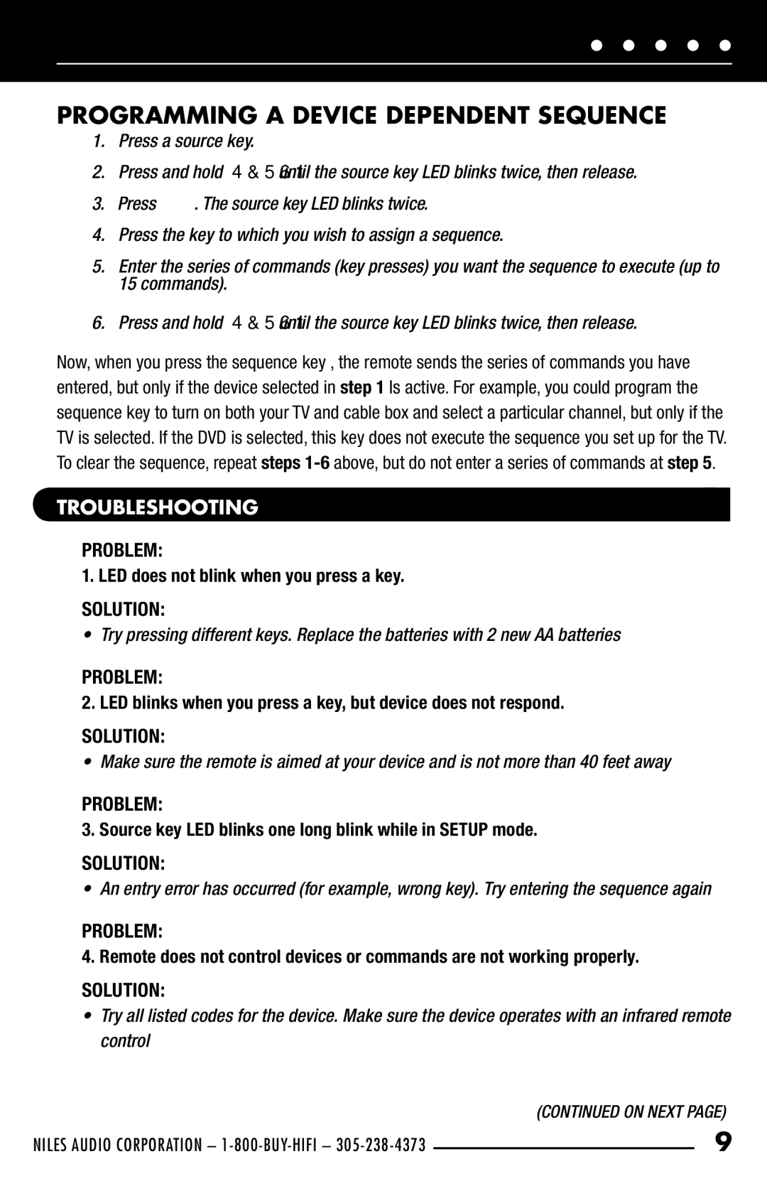 Niles Audio R-6L manual Programming a Device Dependent Sequence, Troubleshooting 