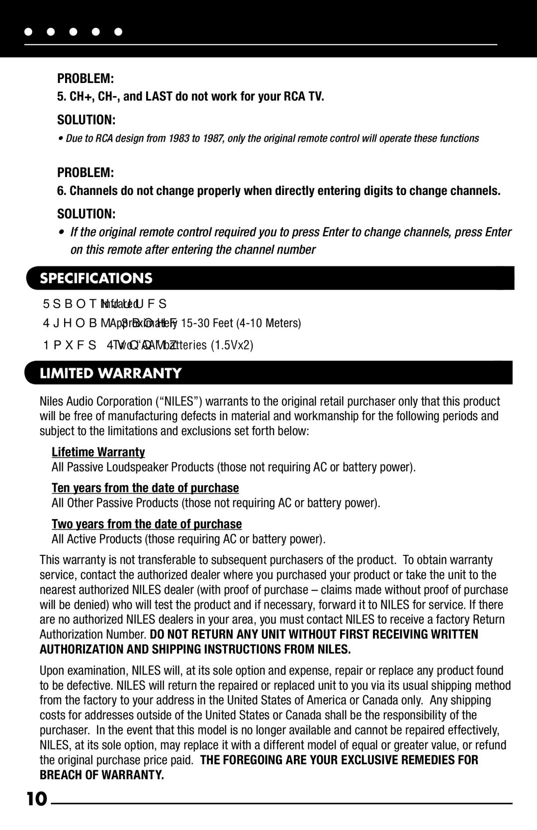 Niles Audio R-6L manual Specifications, Limited Warranty 