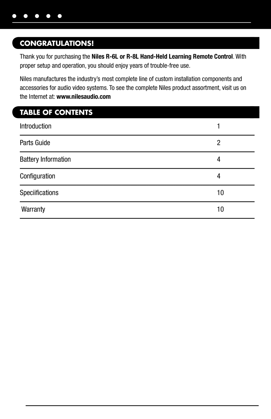 Niles Audio R-6L manual Congratulations, Table of Contents 