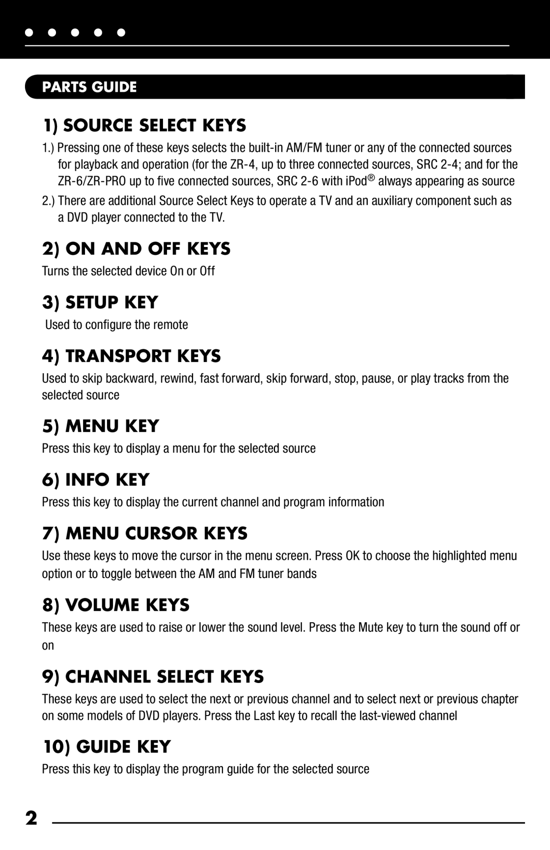 Niles Audio R-6L Source Select Keys, On and OFF Keys, Setup KEY, Transport Keys, Menu KEY, Info KEY, Menu Cursor Keys 