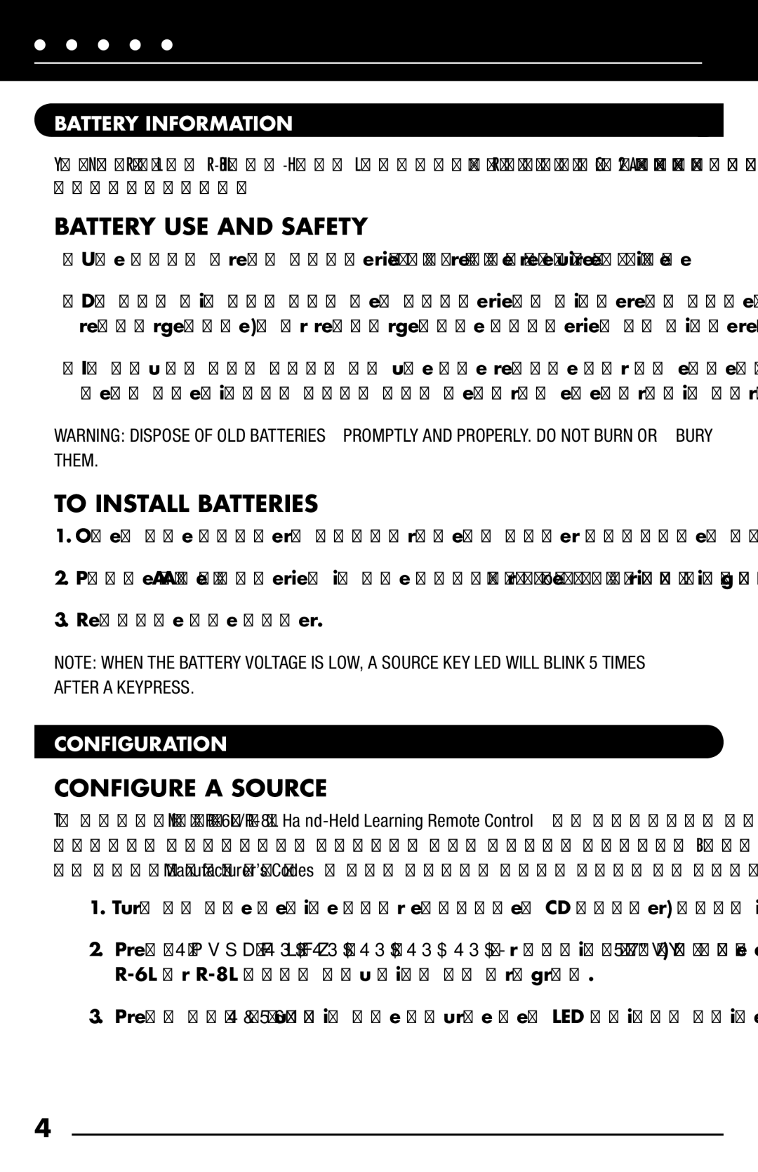 Niles Audio R-6L Battery USE and Safety, To Install Batteries, Configure a Source, Battery Information, Configuration 