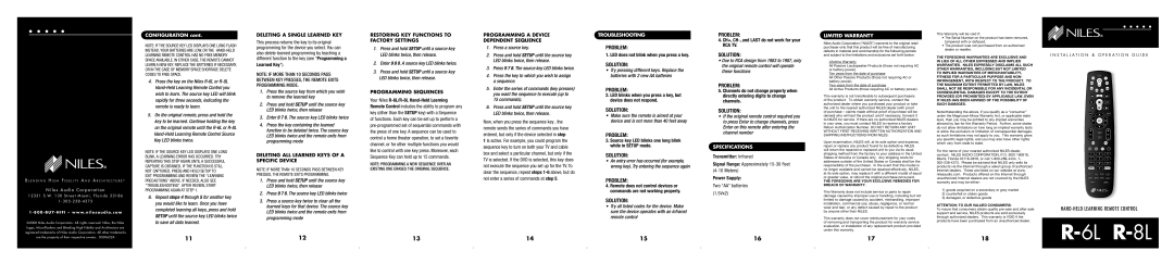 Niles Audio R-8L Deleting a Single Learned Key, Deleting All Learned Keys of a Specific device, Programming Sequences 