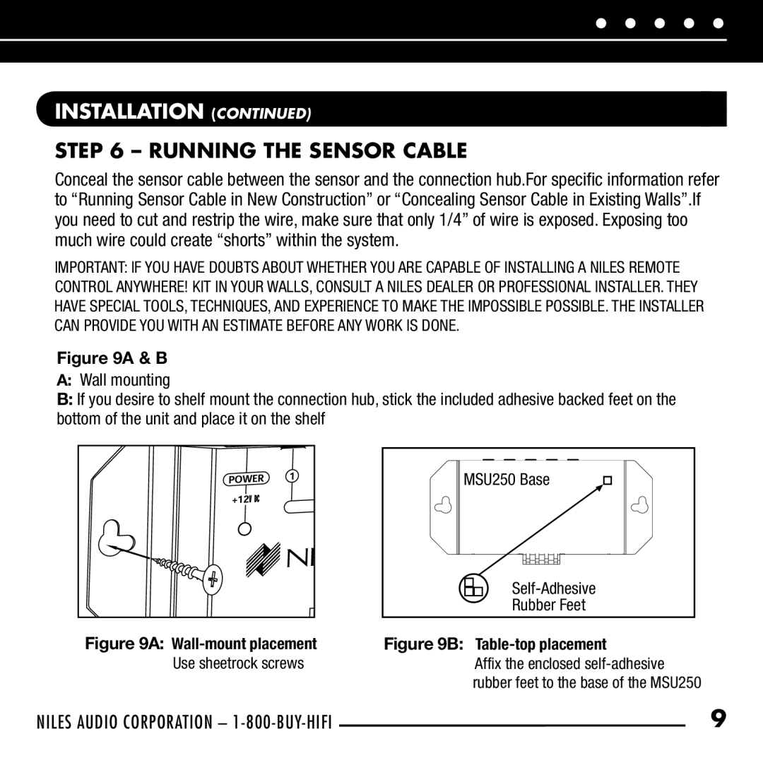 Niles Audio RCA-HT manual Running the Sensor Cable, Wall-mount placement 