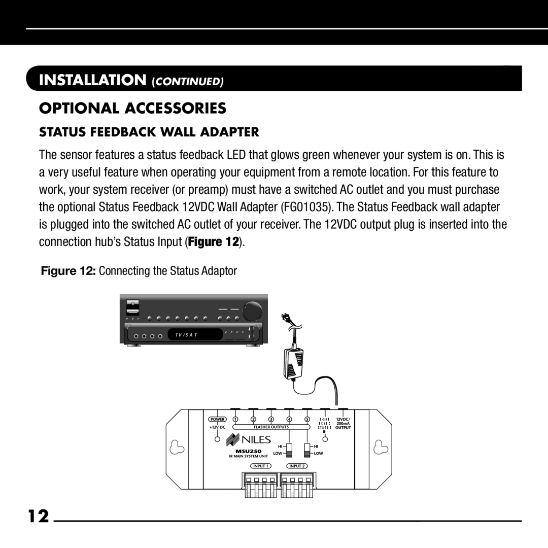 Niles Audio RCA-HT manual Optional Accessories, Status Feedback Wall Adapter 