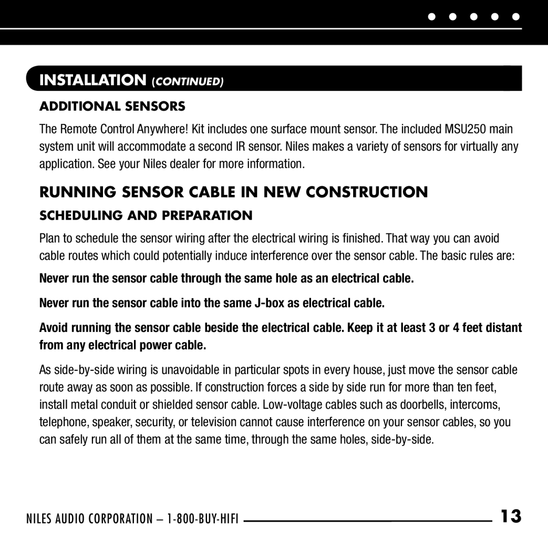 Niles Audio RCA-HT manual Running Sensor Cable in NEW Construction, Additional Sensors, Scheduling and Preparation 