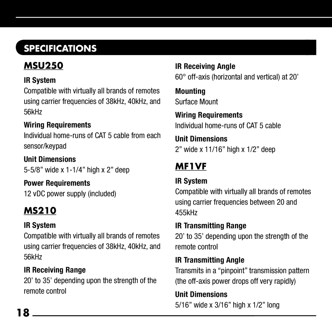 Niles Audio RCA-HT manual Specifications, MF1VF 