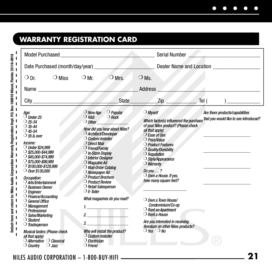 Niles Audio RCA-HT manual Warranty Registration Card, Dr. Miss Mr. Mrs. Ms 