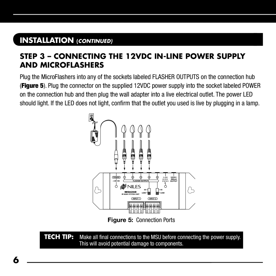 Niles Audio RCA-HT manual Connecting the 12VDC IN-LINE Power Supply and Microflashers, Connection Ports 