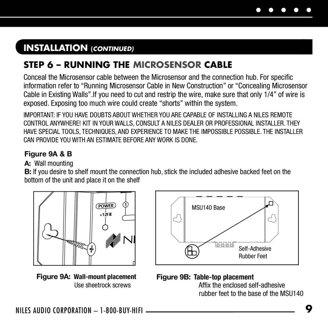 Niles Audio RCA-SM manual Running the Microsensor Cable, Wall-mount placement 