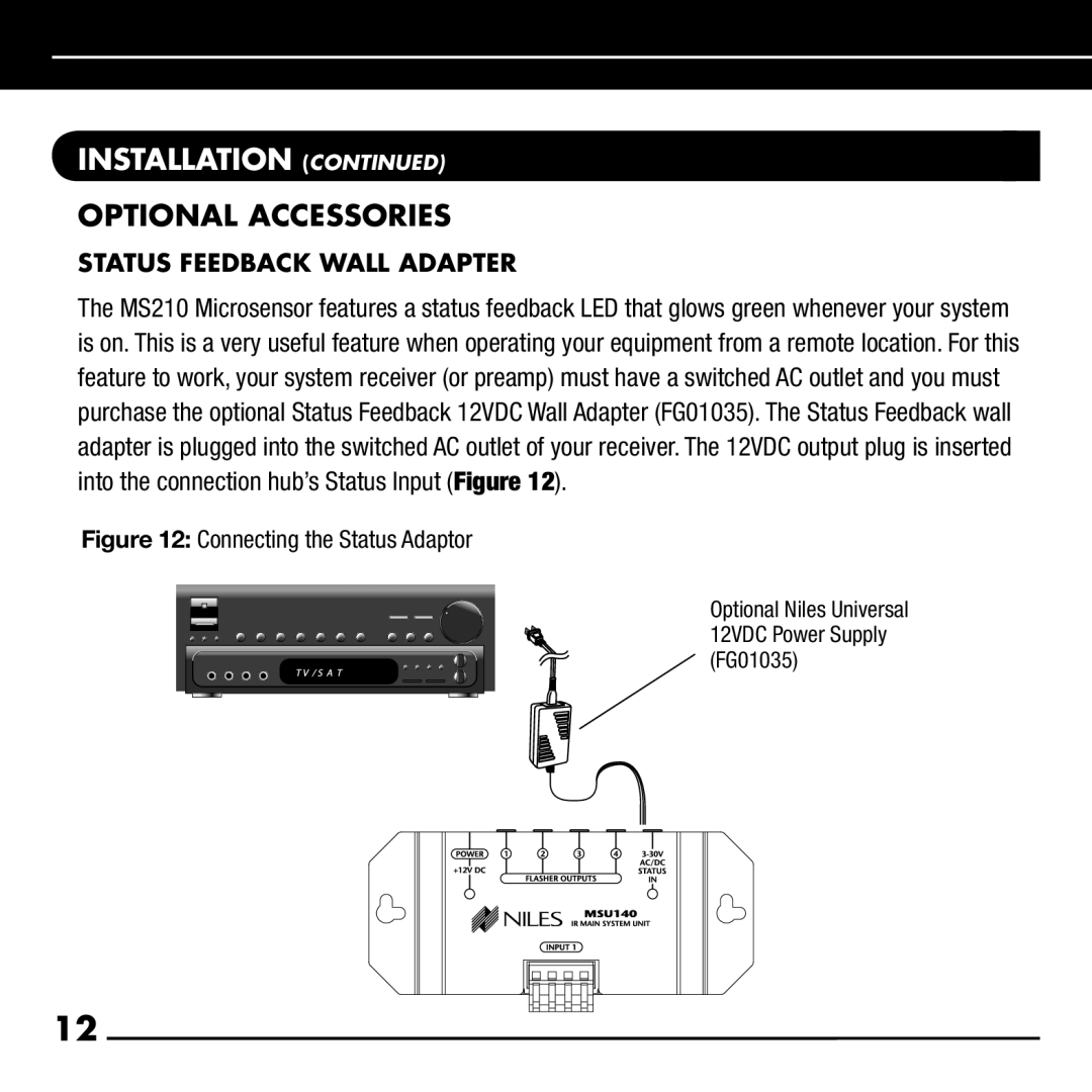 Niles Audio RCA-SM manual Optional Accessories, Status Feedback Wall Adapter 