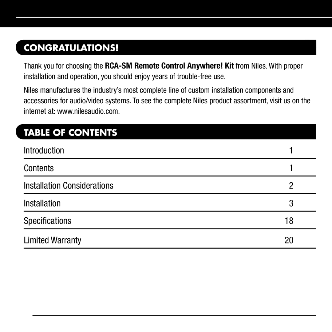 Niles Audio RCA-SM manual Congratulations, Table of Contents 