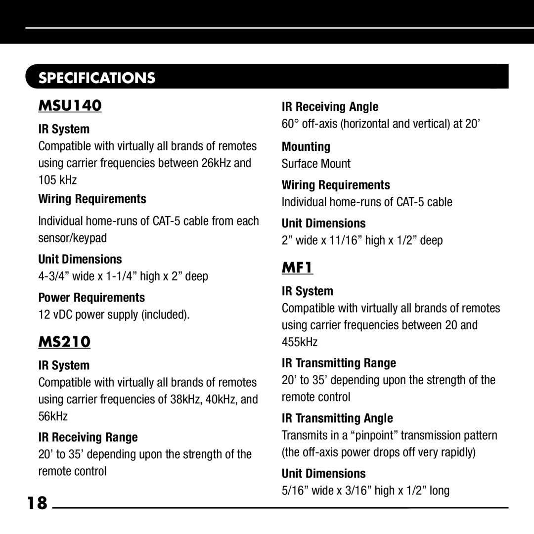 Niles Audio RCA-SM manual Specifications, MF1 