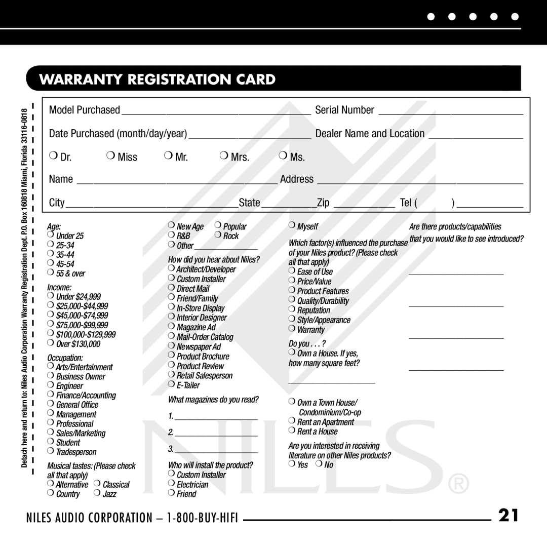 Niles Audio RCA-SM manual Warranty Registration Card, Dr. Miss Mr. Mrs. Ms 