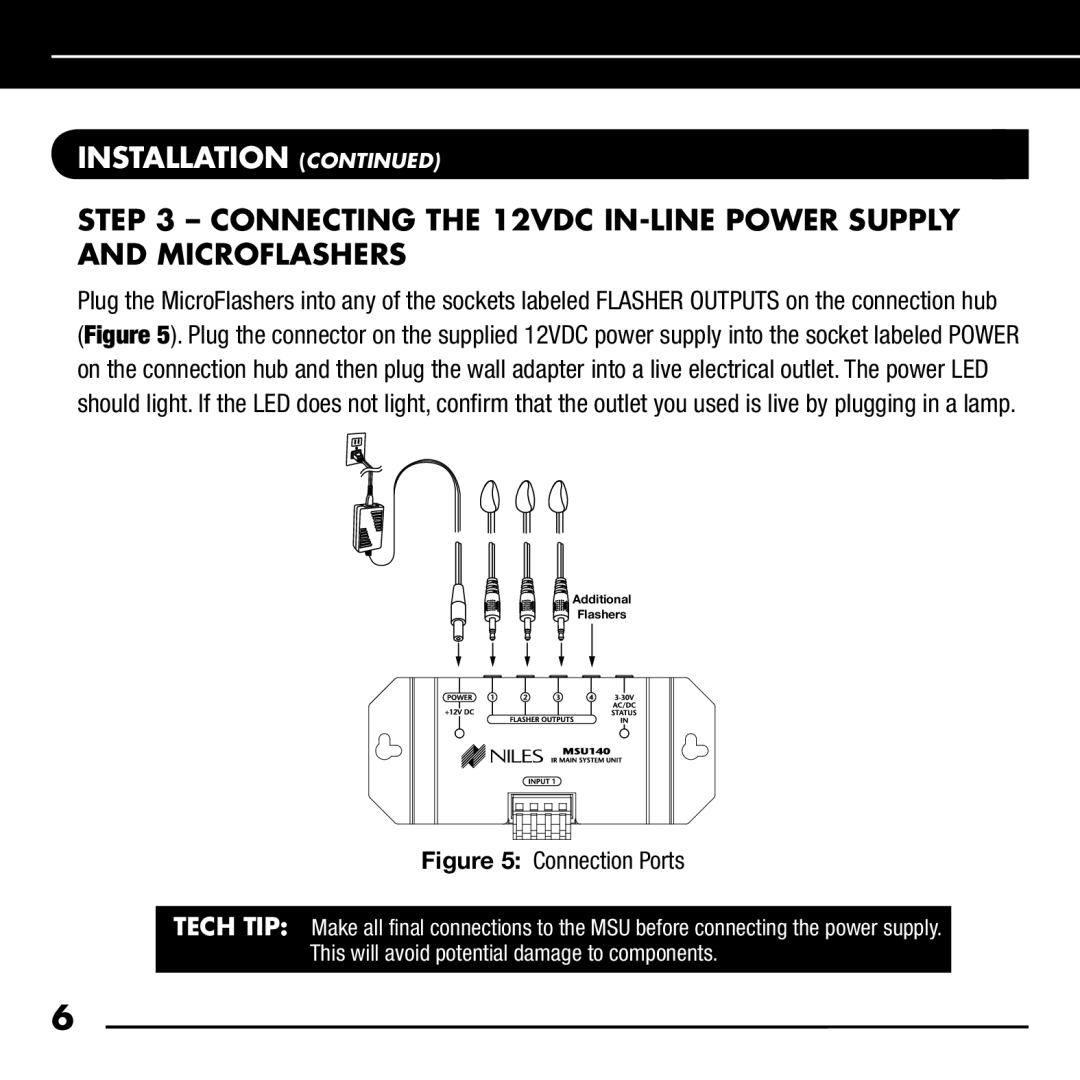 Niles Audio RCA-SM manual Connecting the 12VDC IN-LINE Power Supply and Microflashers, Connection Ports 