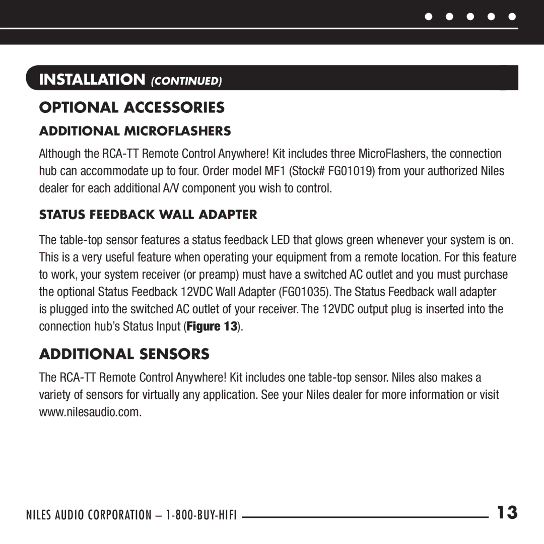 Niles Audio RCA-TT manual Optional Accessories, Additional Sensors, Additional Microflashers, Status Feedback Wall Adapter 