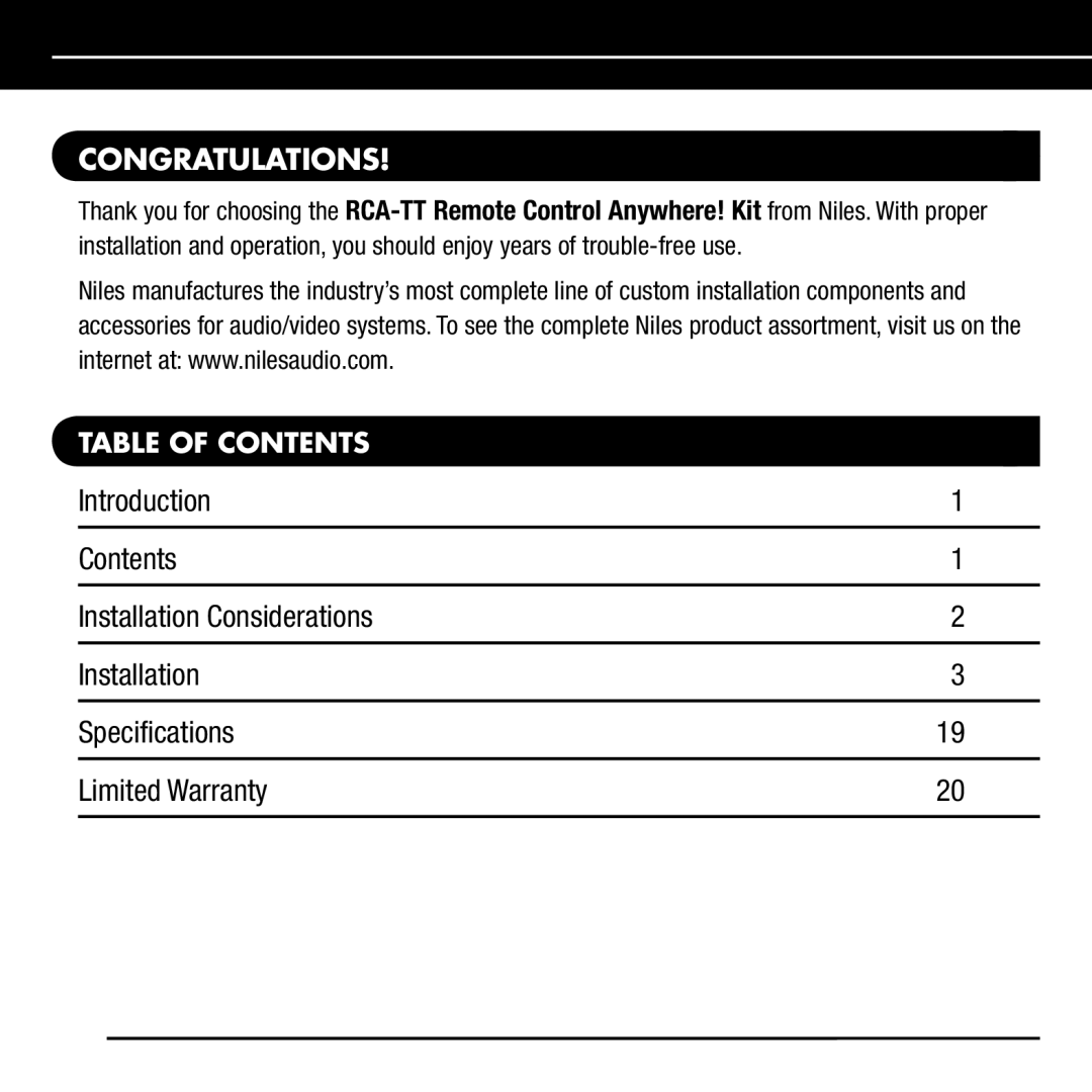 Niles Audio RCA-TT manual Congratulations, Table of Contents 