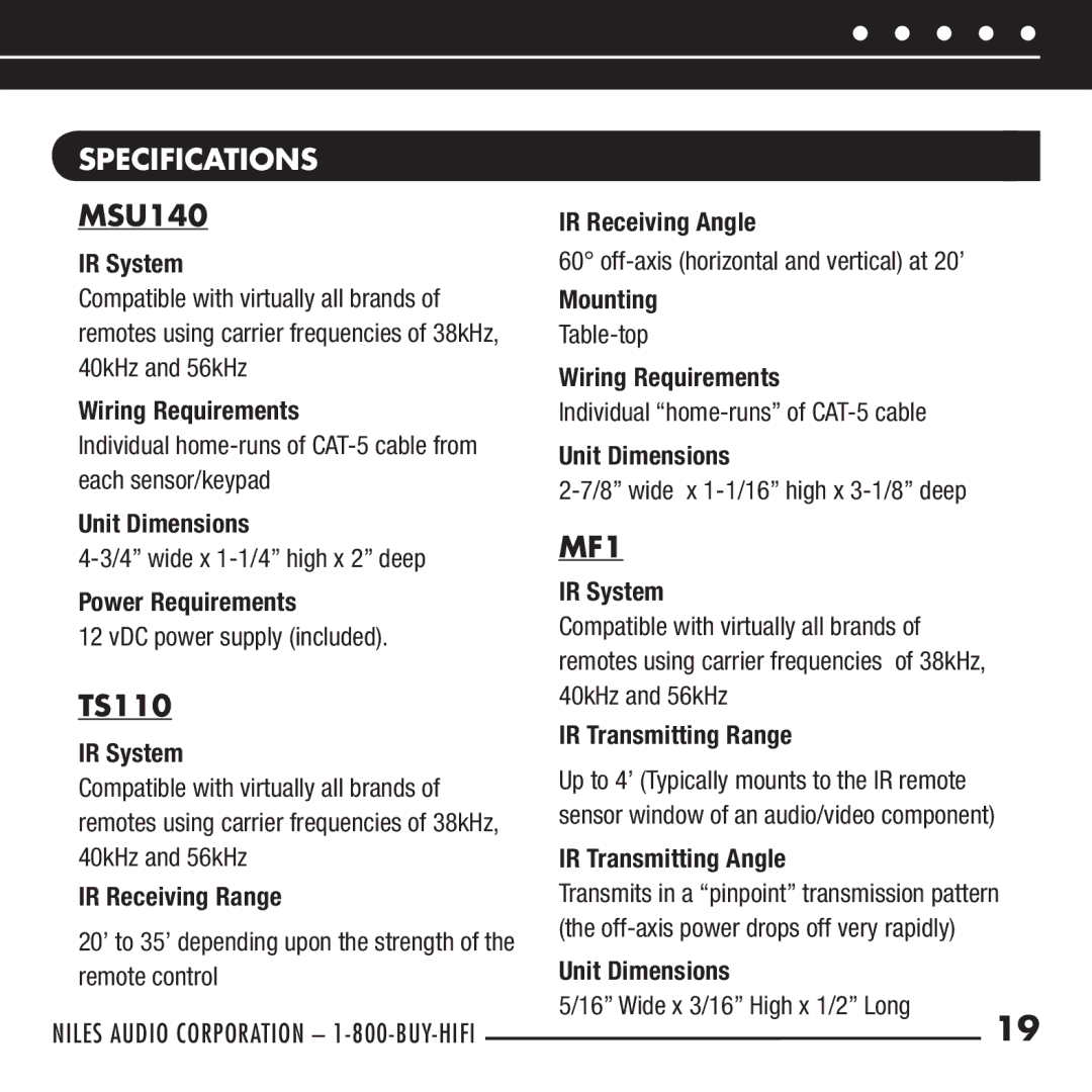 Niles Audio RCA-TT manual Specifications, MF1 