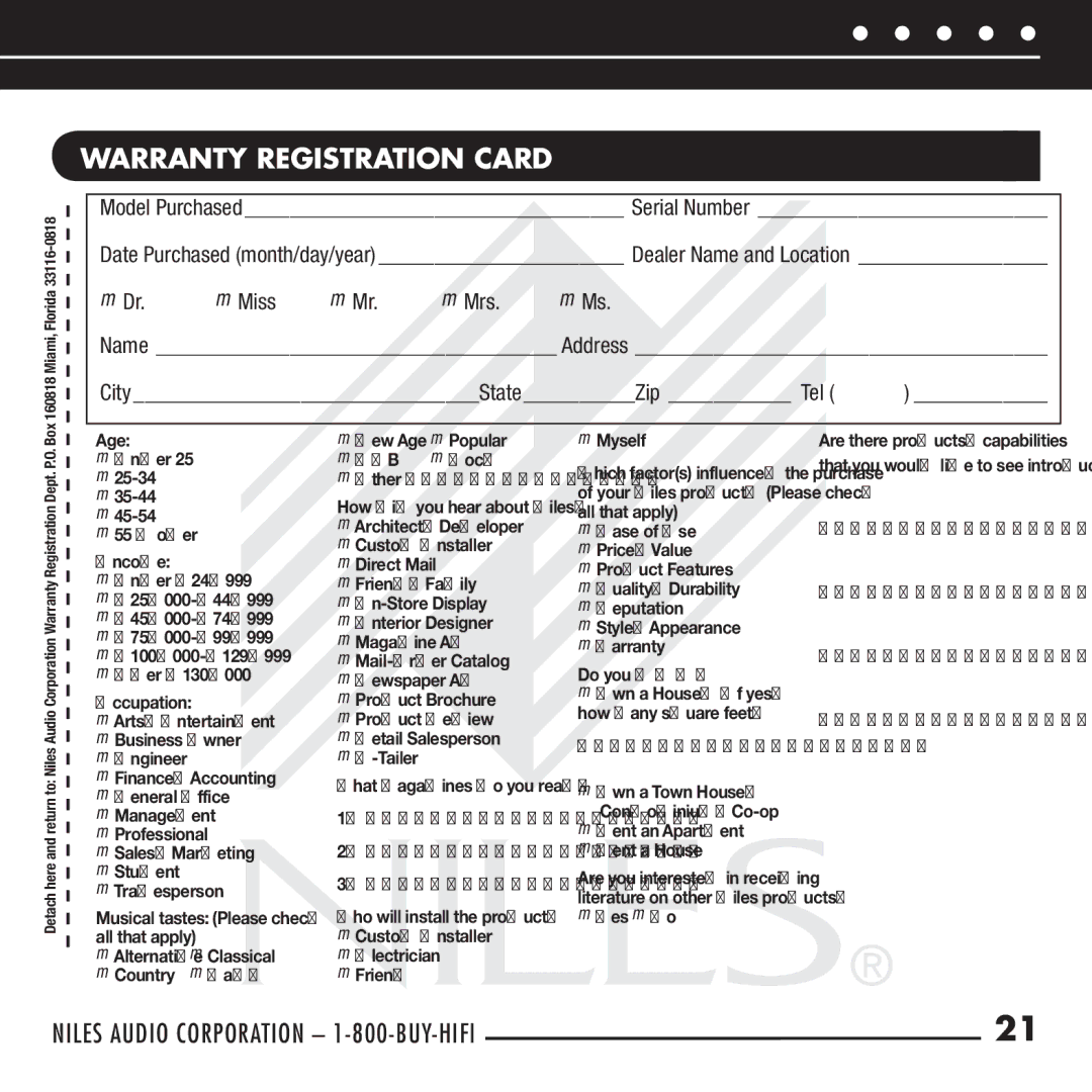 Niles Audio RCA-TT manual Warranty Registration Card, Dr. Miss Mr. Mrs. Ms 