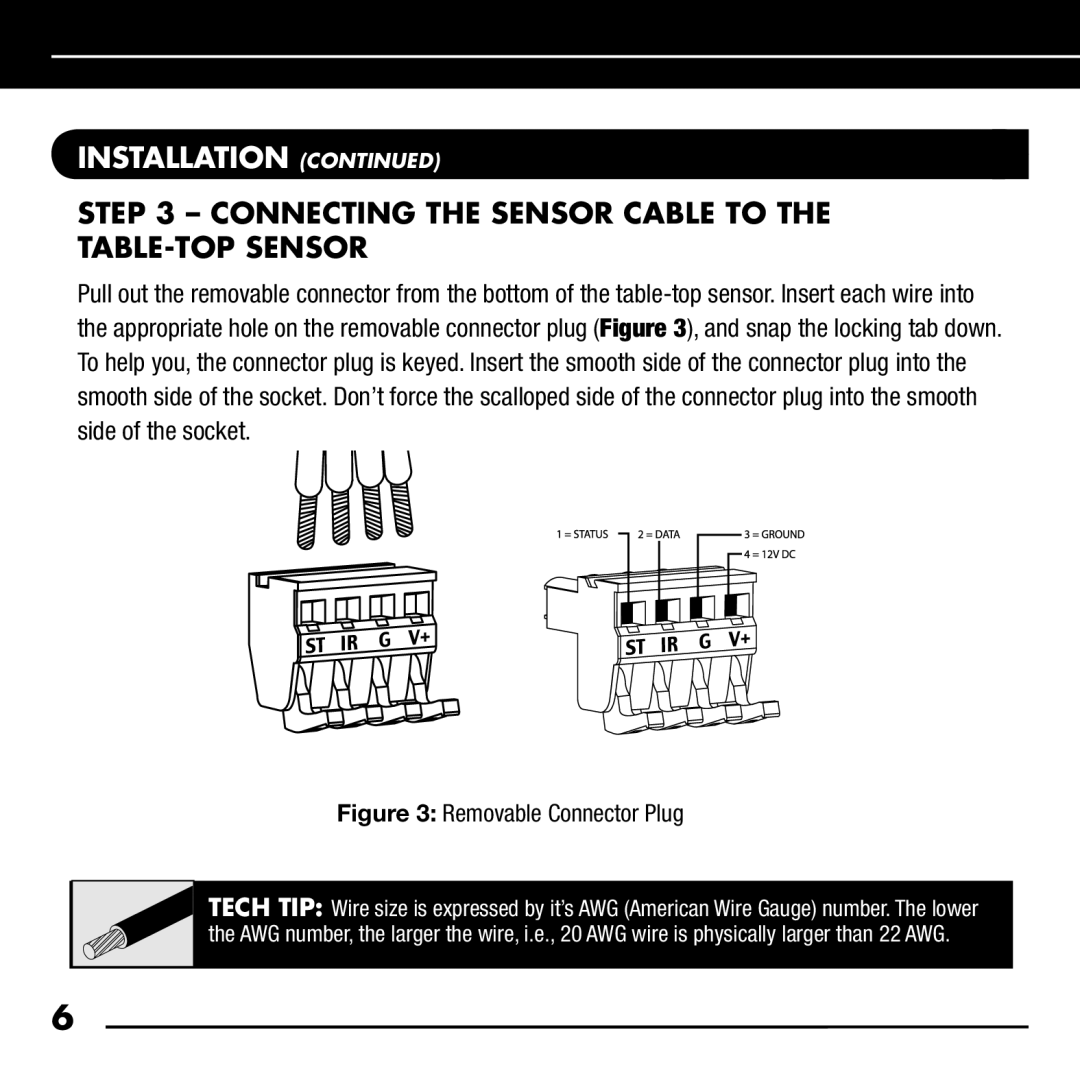 Niles Audio RCA-TT manual Connecting the Sensor Cable to the TABLE-TOP Sensor, Removable Connector Plug 