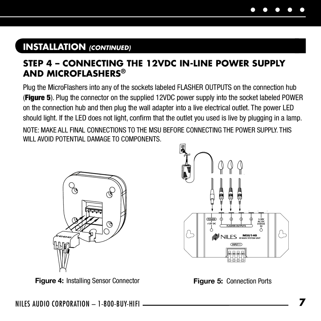 Niles Audio RCA-TT manual Connecting the 12VDC IN-LINE Power Supply and Microflashers, Installing Sensor Connector 