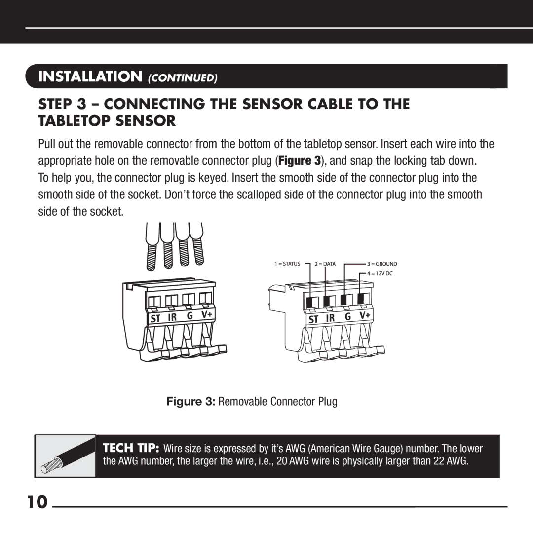 Niles Audio RCA-TT2 manual Connecting the Sensor Cable to the Tabletop Sensor, Removable Connector Plug 