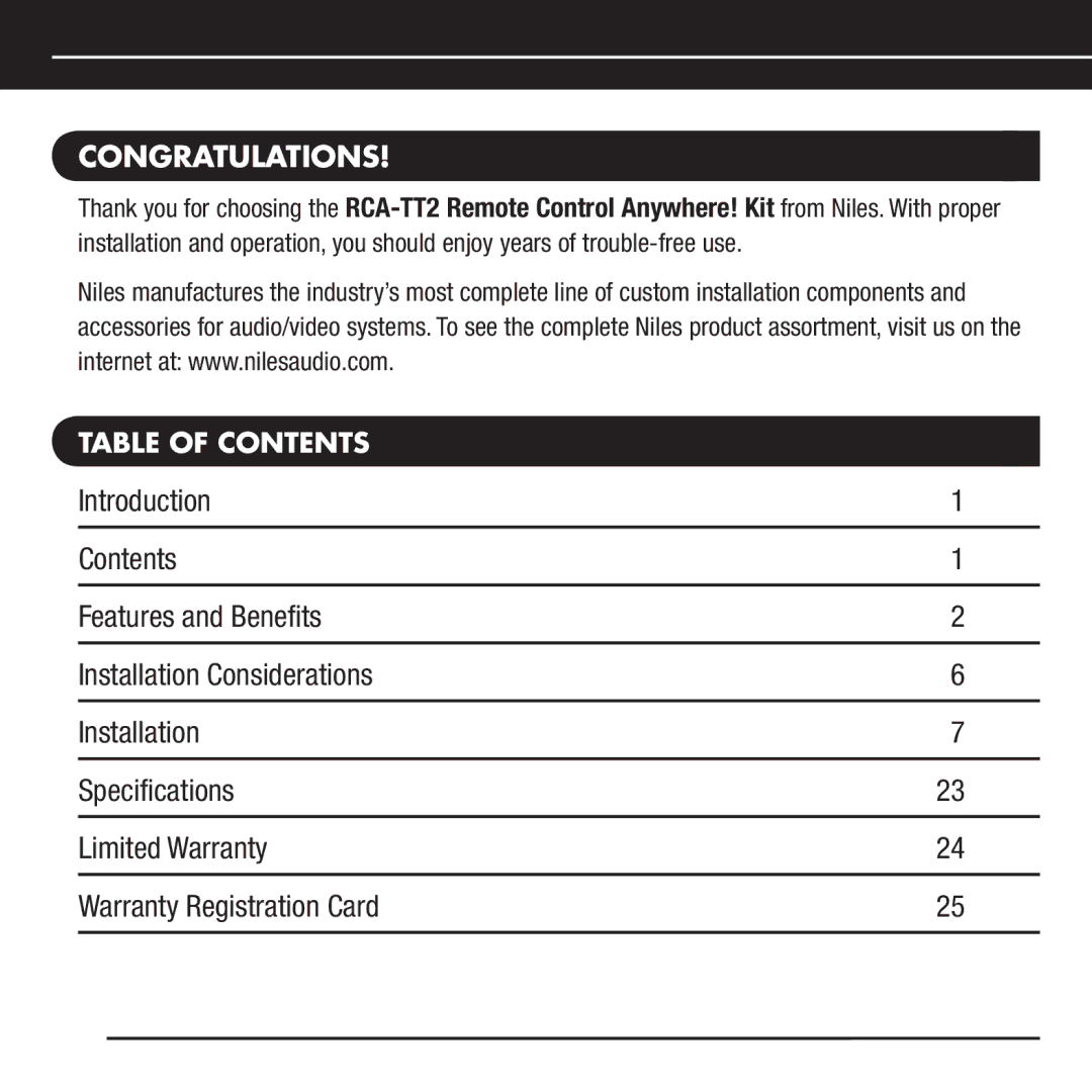 Niles Audio RCA-TT2 manual Congratulations, Table of Contents 