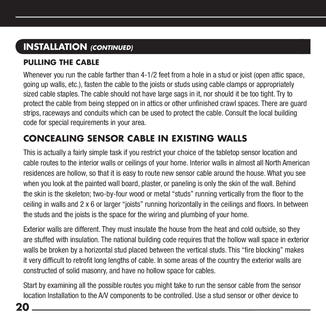 Niles Audio RCA-TT2 manual Concealing Sensor Cable in Existing Walls, Pulling the Cable 