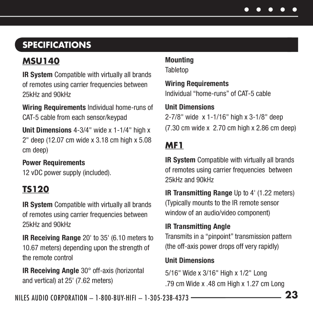 Niles Audio RCA-TT2 manual Specifications, MSU140, TS120, MF1 