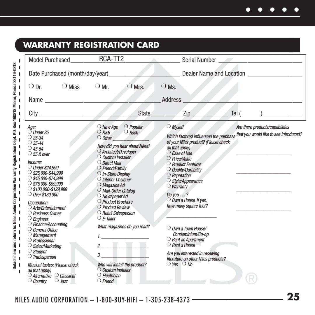 Niles Audio RCA-TT2 manual Warranty Registration Card, Miss Mrs 