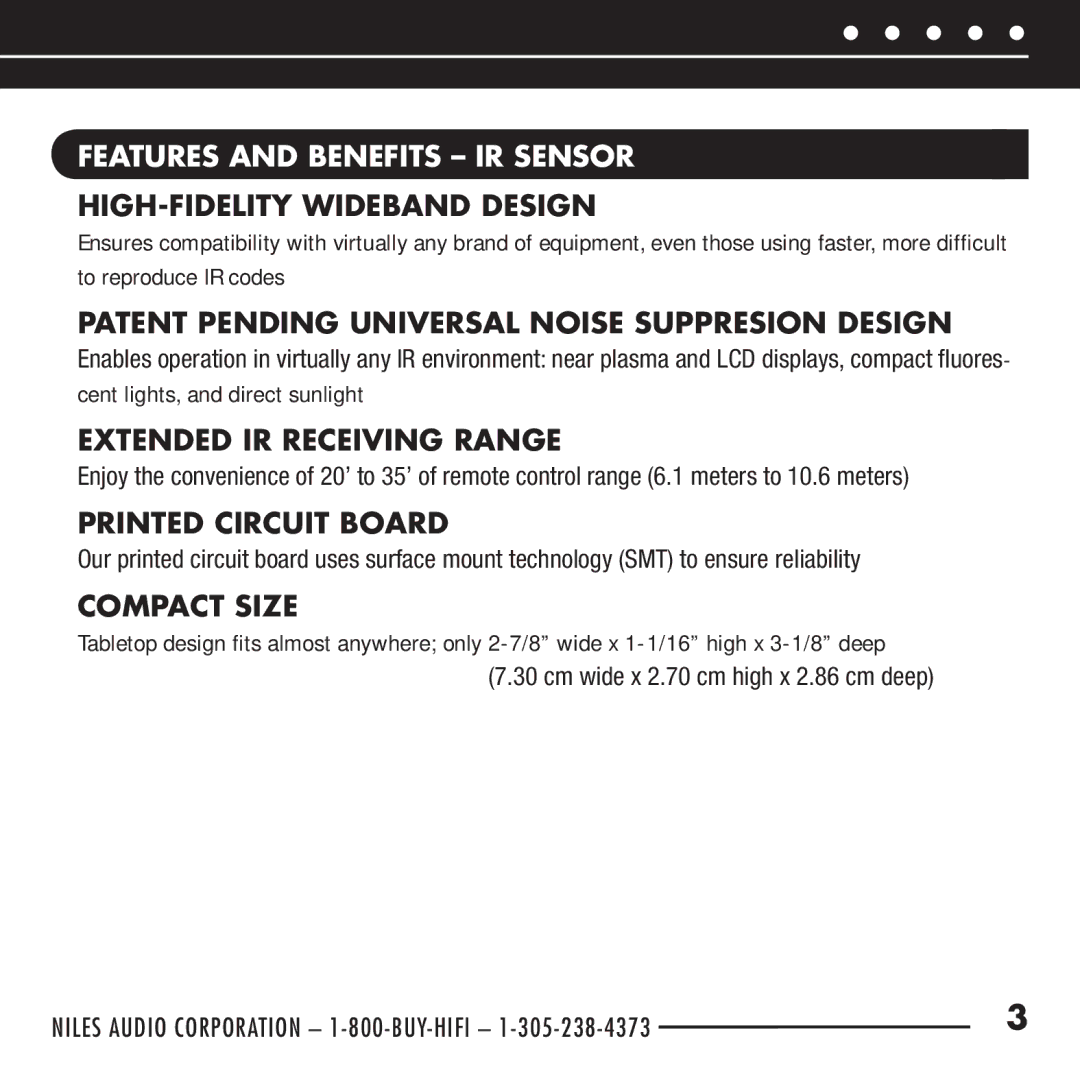 Niles Audio RCA-TT2 manual Features and Benefits IR Sensor, HIGH-FIDELITY Wideband Design, Extended IR Receiving Range 