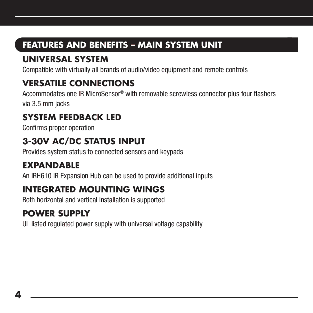 Niles Audio RCA-TT2 manual Features and Benefits Main System Unit 