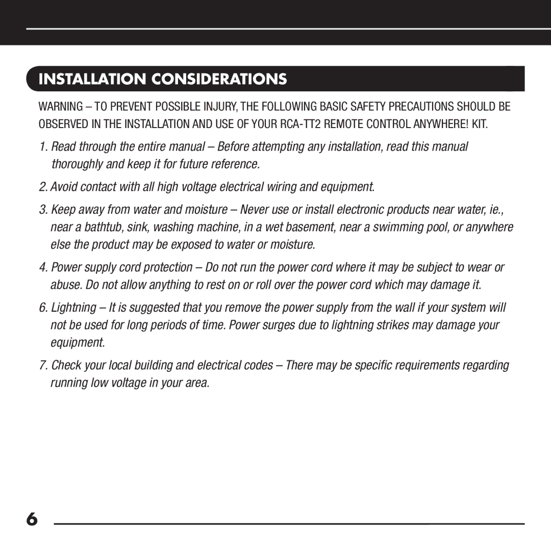 Niles Audio RCA-TT2 manual Installation Considerations 