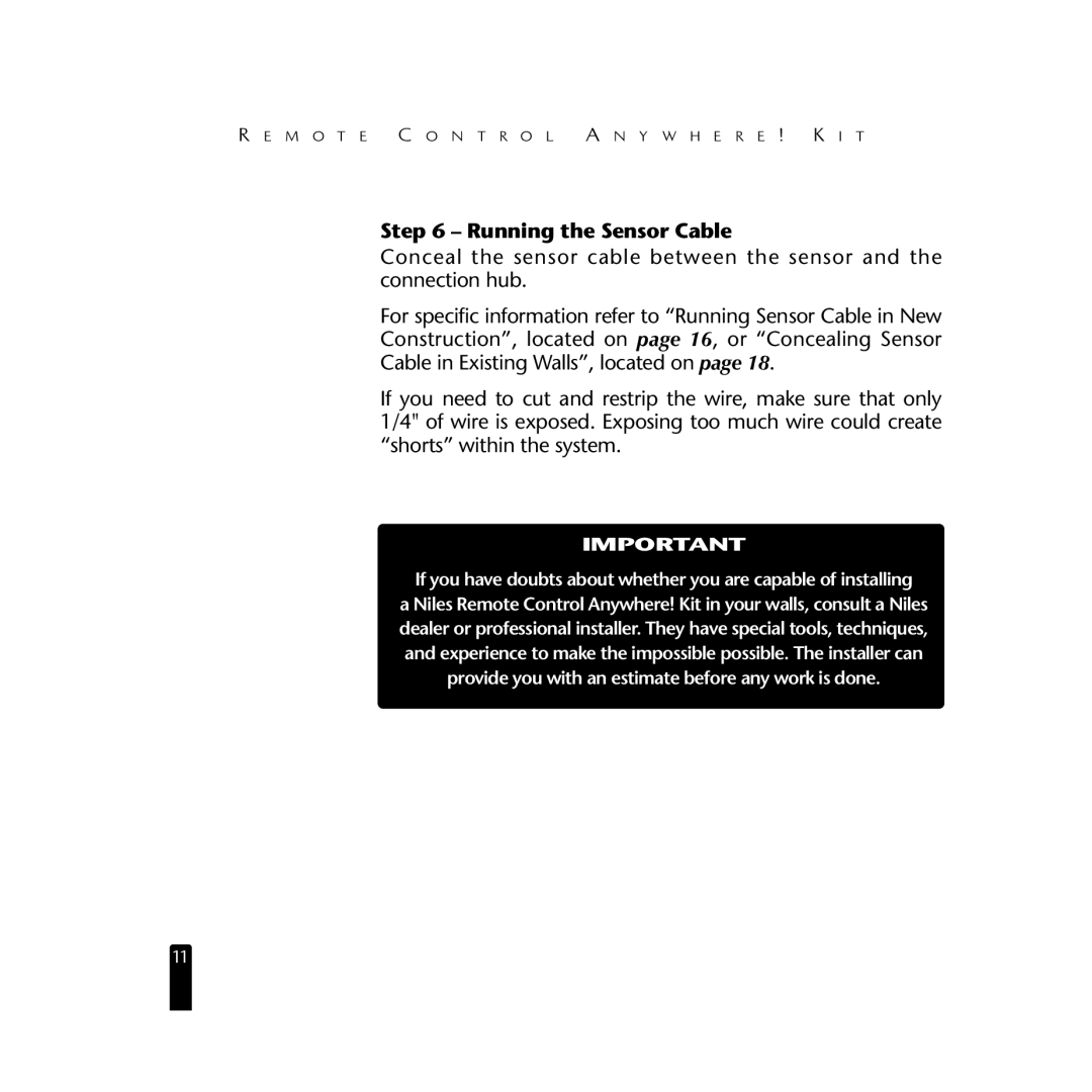 Niles Audio RCA3 specifications Running the Sensor Cable 