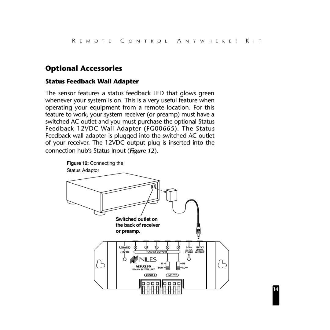 Niles Audio RCA3 specifications Optional Accessories, Status Feedback Wall Adapter 