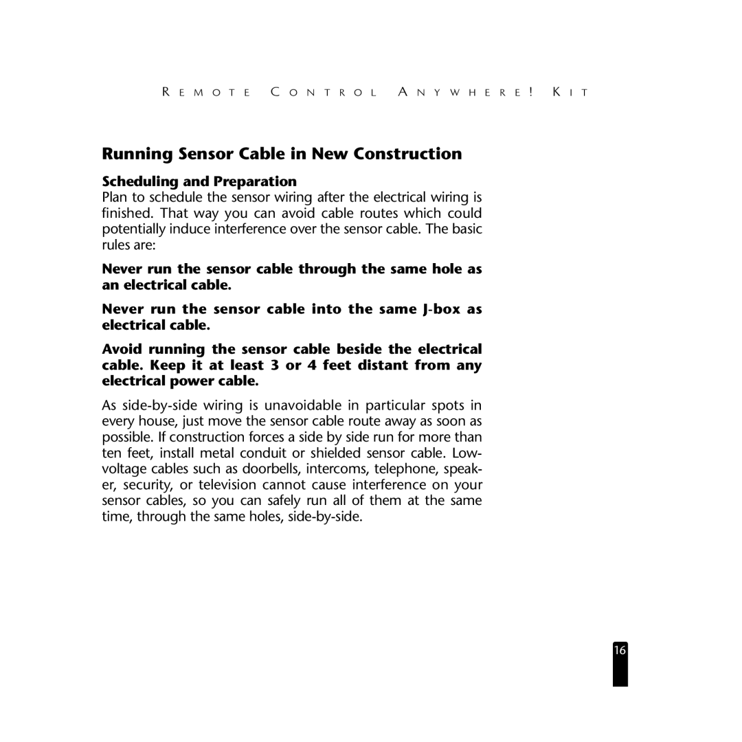 Niles Audio RCA3 specifications Running Sensor Cable in New Construction, Scheduling and Preparation 