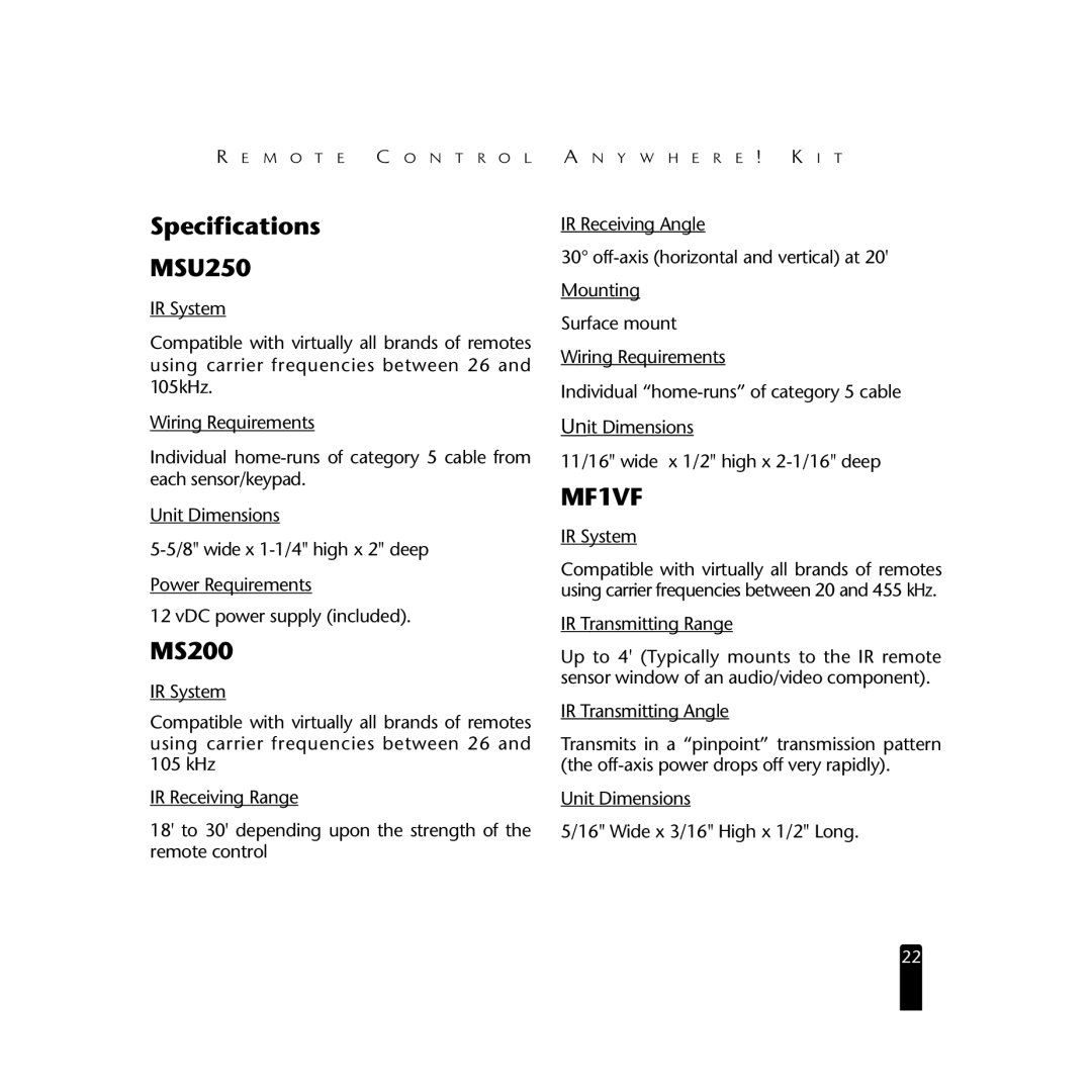 Niles Audio RCA3 specifications Specifications MSU250, MS200 