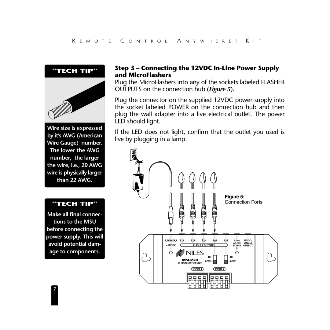 Niles Audio RCA3 specifications Connecting the 12VDC In-Line Power Supply and MicroFlashers, Tech TIP 