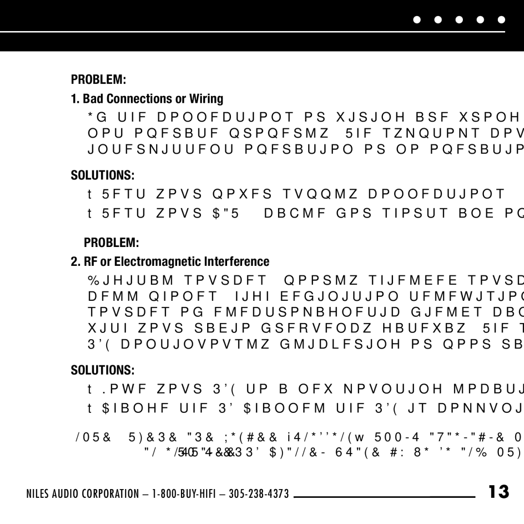 Niles Audio RFG manual Bad Connections or Wiring 