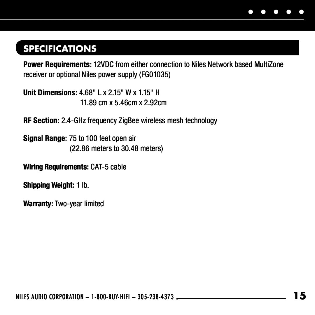 Niles Audio RFG manual Specifications 