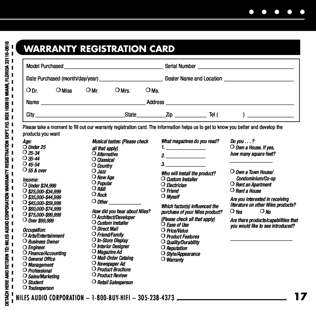 Niles Audio RFG manual Warranty Registration Card, Dr. Miss Mr. Mrs. Ms 