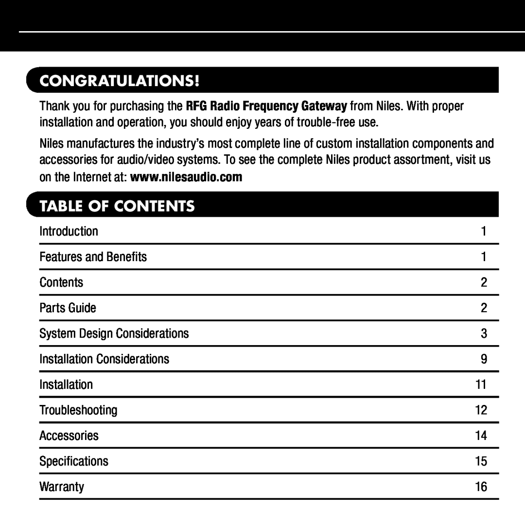 Niles Audio RFG manual Congratulations, Table Of Contents 